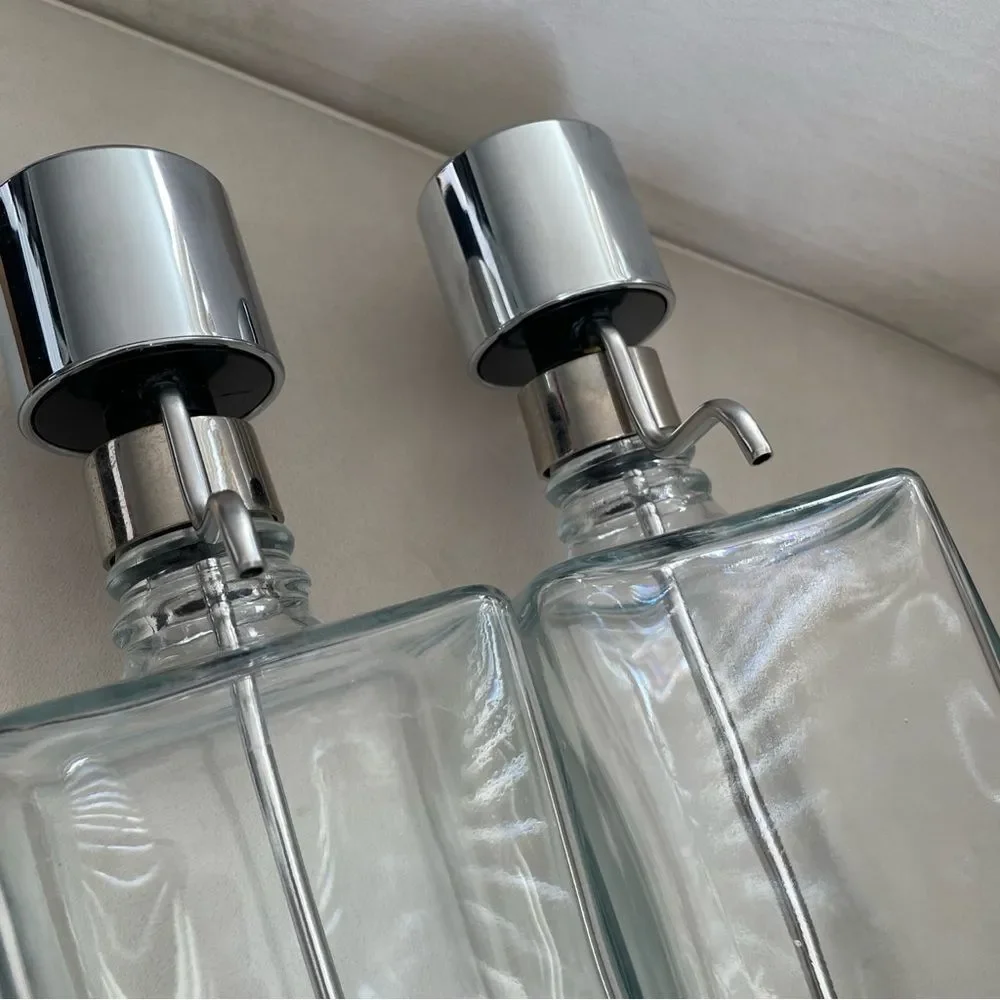 Crate & Barrel Barware Pump Top Liquor Decanters Set Of 2 Vodka & Bourbon
